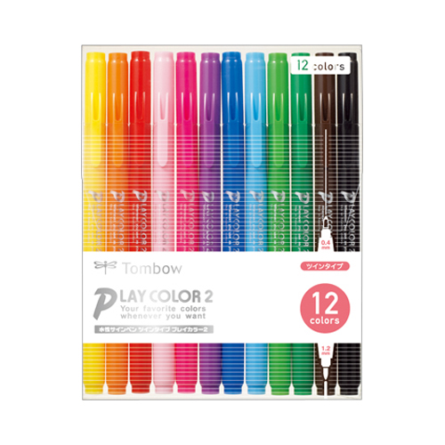 【トンボ鉛筆】水性サインペン　プレイカラー２　セット　水性ペン　カラーペン　イラスト　0.4＋1.2ｍｍ　１２色セット（ツイン） １セット/GCB-011