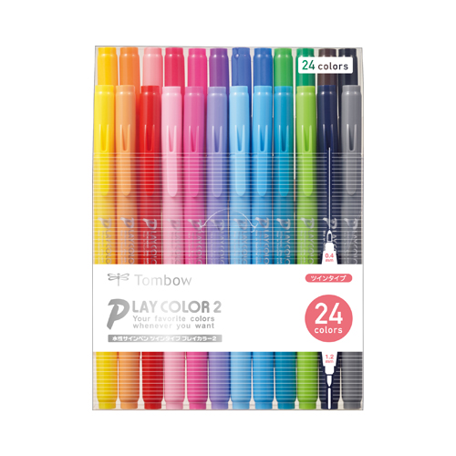 【トンボ鉛筆】水性サインペン　プレイカラー２　セット　水性ペン　カラーペン　イラスト　0.4＋1.2ｍｍ　２４色セット（ツイン） １セット/GCB-012