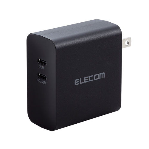 【エレコム】ノートパソコン　充電器　ＰＤ６５Ｗ　Ｔｙｐｅ－Ｃ×２　小型　軽量（ブラック） １個/ACDC-PD4570BK