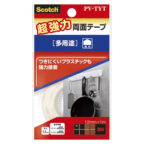 【スリーエム】スコッチ（Ｒ）　超強力両面テープ　３Ｍ　寸法：幅１２ｍｍ×長１ｍ　超強力多用途 １巻/PV-TYT