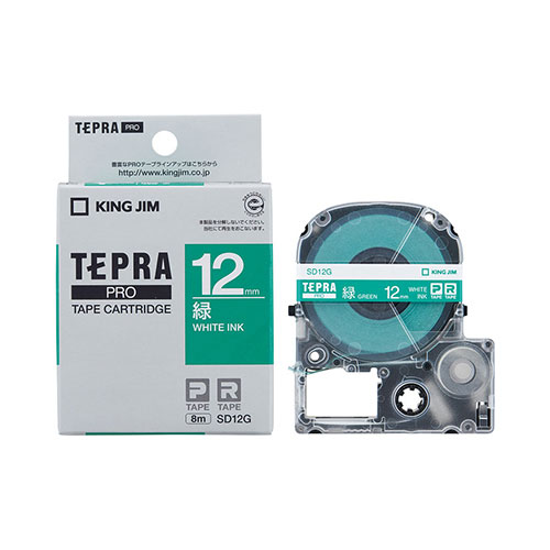 【キングジム】テプラ　ＰＲＯテープカートリッジ　カラーラベル　ビビッド　幅：12mm（緑テープ／白文字） １個/SD12G
