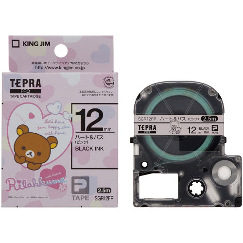 【キングジム】テプラ　ＰＲＯテープカートリッジ　リラックマラベル　幅：12mm（ピンク（ハート＆バス）／黒文字） １個/SGR12FP