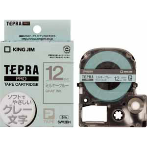 【キングジム】テプラ　ＰＲＯテープカートリッジ　カラーラベル　ソフト　幅：12mm（ミルキーブルー／グレー文字） １個/SW12BH