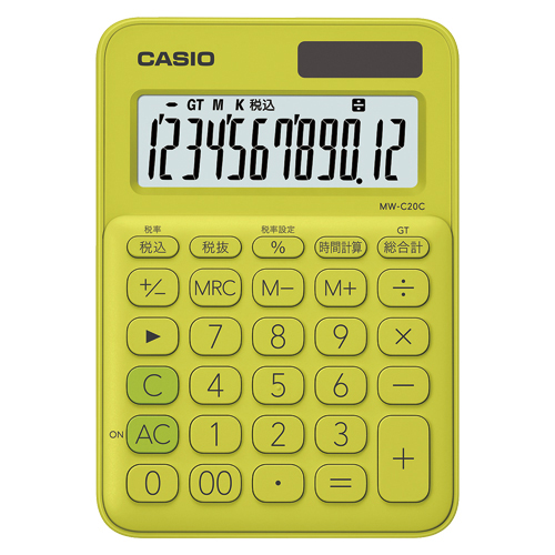 【カシオ】電卓　ミニジャスト　１２桁（ライムグリーン） １台/MW-C20C-YG-N