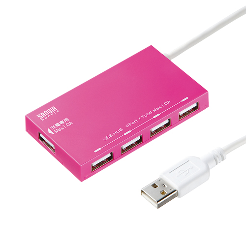 【サンワサプライ】充電用ＵＳＢポート搭載４ポートＵＳＢ２．０ハブ（ピンク） １個/USB-HCA510P