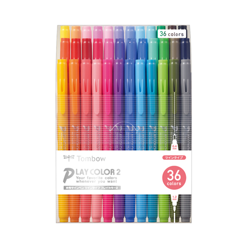 【トンボ鉛筆】水性サインペン　プレイカラー２　セット　水性ペン　カラーペン　イラスト　0.4＋1.2ｍｍ　３６色セット（ツイン） １セット/GCB-013