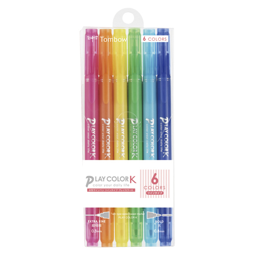 【トンボ鉛筆】水性サインペン　プレイカラーＫ　６色セットＡ　水性ペン　カラーペン　イラスト　お絵描き　　0.3＋0.8ｍｍ １セット/GCF-611A