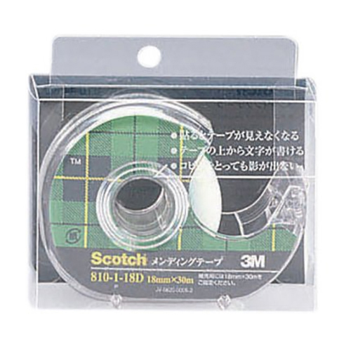 【スリーエム】スコッチ（Ｒ）　メンディングテープ　３Ｍ　小巻　テープカッター付き　巻芯径２５ｍｍ　寸法：幅１８ｍｍ×長３０ｍ １個/810-1-18D