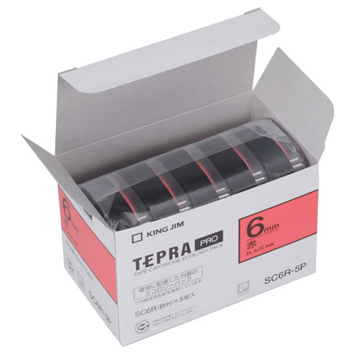 【キングジム】テプラ　ＰＲＯテープカートリッジ　エコパック　カラーラベル　パステル　幅：6mm（赤テープ／黒文字） ５個/SC6R-5P