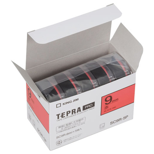【キングジム】テプラ　ＰＲＯテープカートリッジ　エコパック　カラーラベル　パステル　幅：9mm（赤テープ／黒文字） ５個/SC9R-5P