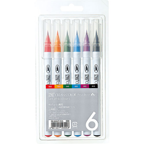 【呉竹】ＺＩＧクリーンカラーリアルブラッシュ　カラー筆ペン　６ＶＡ　６色 １セット/RB-6000AT/6VA