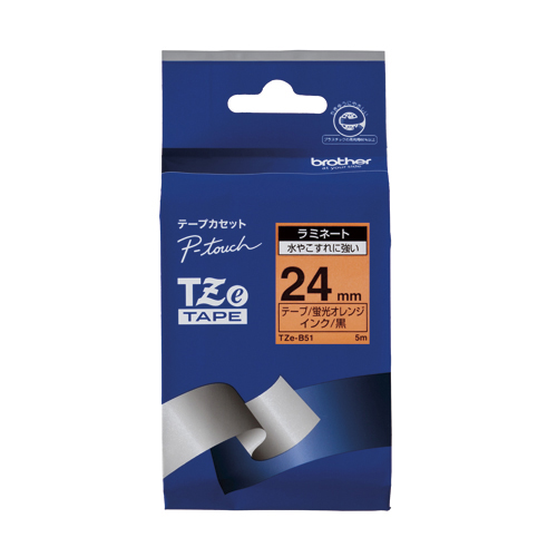 【ブラザー】ピータッチ用テープカートリッジ　蛍光カラー　５ｍ　２４ｍｍ幅（蛍光オレンジ　黒文字） １巻５ｍ/TZe-B51