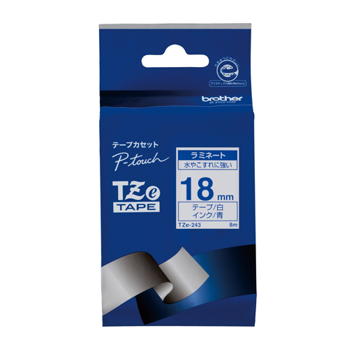 【ブラザー】ピータッチ用テープカートリッジ　ラミネートテープ　８ｍ　１８ｍｍ幅（白　青文字） １巻８ｍ/TZe-243