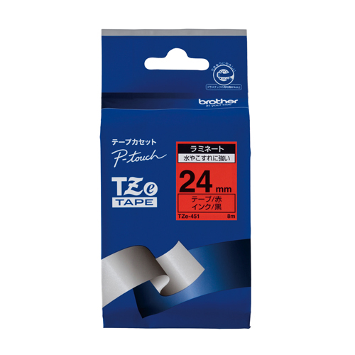 【ブラザー】ピータッチ用テープカートリッジ　ラミネートテープ　８ｍ　２４ｍｍ幅（赤　黒文字） １巻８ｍ/TZe-451
