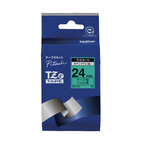 【ブラザー】ピータッチ用テープカートリッジ　ラミネートテープ　８ｍ　２４ｍｍ幅（緑　黒文字） １巻８ｍ/TZe-751