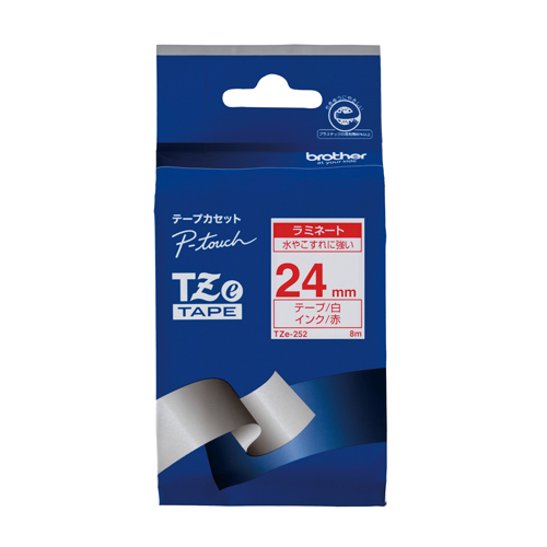 【ブラザー】ピータッチ用テープカートリッジ　ラミネートテープ　８ｍ　２４ｍｍ幅（白　赤文字） １巻８ｍ/TZe-252