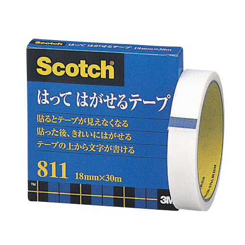【スリーエム】スコッチ（Ｒ）　はってはがせるテープ　３Ｍ　大巻　巻芯径７６ｍｍ　寸法：幅１８ｍｍ×長３０ｍ １巻/811-3-18