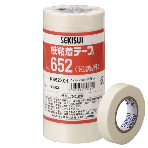 【セキスイ】紙粘着テープ　寸法：幅１２ｍｍ×長１８ｍ １０巻/K652X01(NO652-12X18)