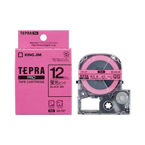 【キングジム】テプラ　ＰＲＯテープカートリッジ　カラーラベル　蛍光色　幅：12mm（ピンク／黒文字） １個/SK12P