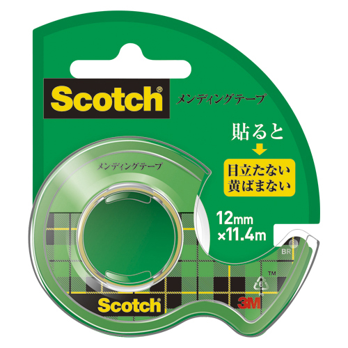 【スリーエム】スコッチ（Ｒ）　メンディングテープ　３Ｍ　小巻　テープカッター付き　巻芯径２５ｍｍ　寸法：幅１２ｍｍ×長１１．４ｍ １個/CM-12