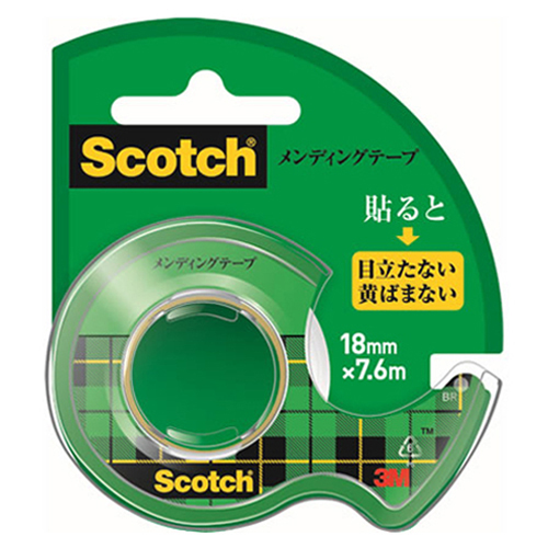 【スリーエム】スコッチ（Ｒ）　メンディングテープ　３Ｍ　小巻　テープカッター付き　巻芯径２５ｍｍ　寸法：幅１８ｍｍ×長７．６ｍ １個/CM-18