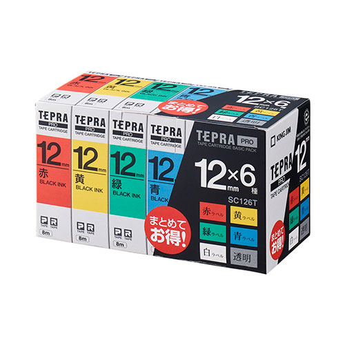 【キングジム】テプラ　ＰＲＯテープカートリッジ　ベーシックパック　幅：12mm（テープ６色／黒文字） ６個/SC126T