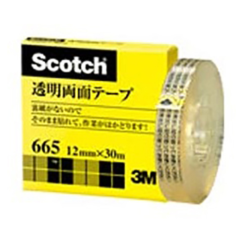 【スリーエム】スコッチ（Ｒ）　透明両面テープ　３Ｍ　裏紙（はく離紙）なし　寸法：幅１２ｍｍ×長３０ｍ １巻/665-1-12