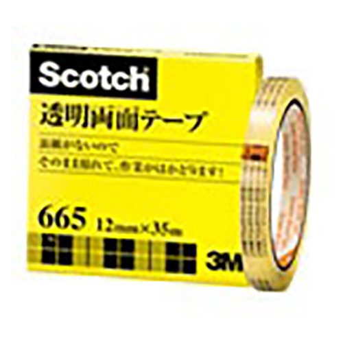 【スリーエム】スコッチ（Ｒ）　透明両面テープ　３Ｍ　裏紙（はく離紙）なし　寸法：幅１２ｍｍ×長３５ｍ １巻/665-3-12