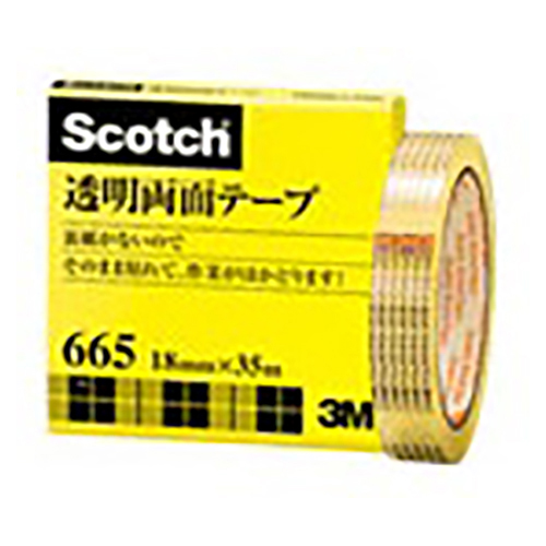 【スリーエム】スコッチ（Ｒ）　透明両面テープ　３Ｍ　裏紙（はく離紙）なし　寸法：幅１８ｍｍ×長３５ｍ １巻/665-3-18